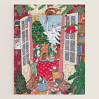 Cats in the Window at a Snowy Christmas in Bright Colours Jigsaw Puzzle Gallery Image 1