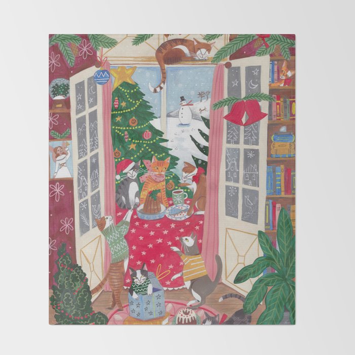 Cats in the Window at a Snowy Christmas in Bright Colours Throw Blanket Gallery Image 2
