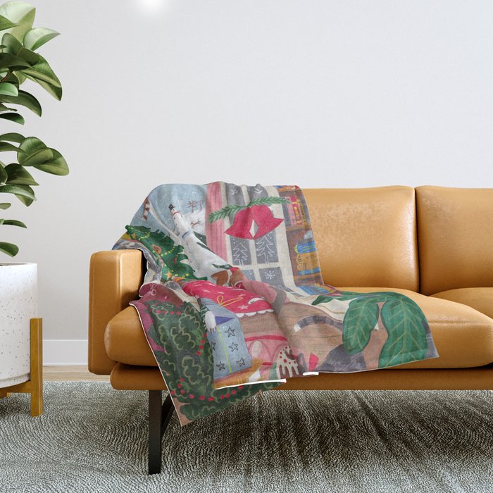 Cats in the Window at a Snowy Christmas in Bright Colours Throw Blanket Gallery Image 1