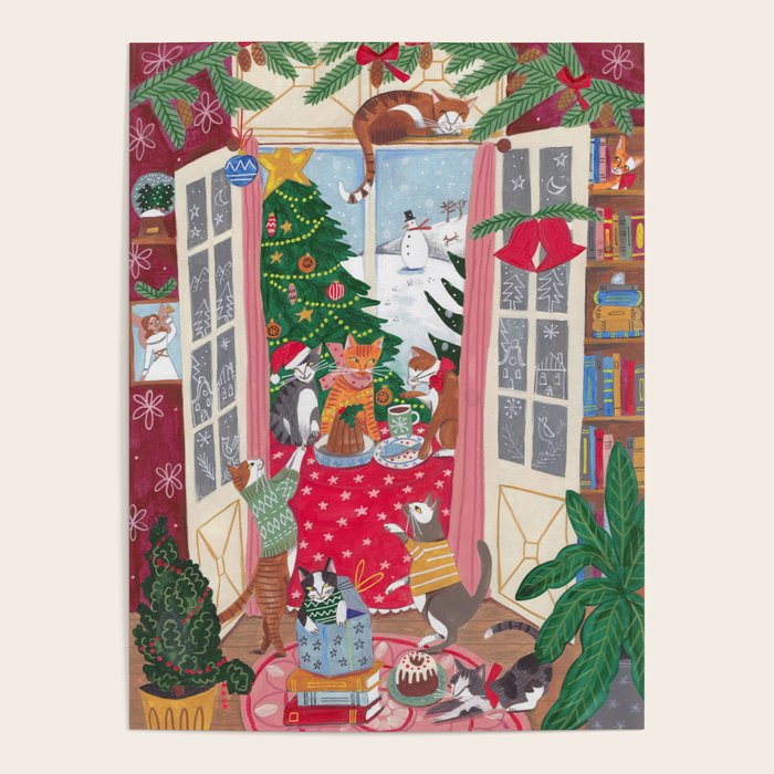 Cats in the Window at a Snowy Christmas in Bright Colours Poster Gallery Image 1