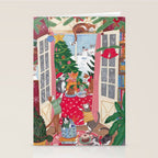 Cats in the Window at a Snowy Christmas in Bright Colours Stationery Card Gallery Image 2