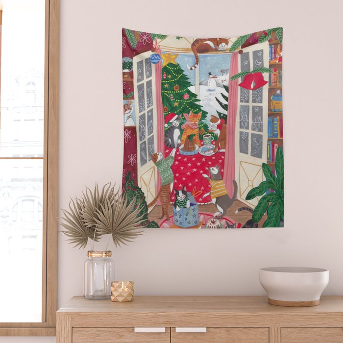 Cats in the Window at a Snowy Christmas in Bright Colours Wall Tapestry Gallery Image 2