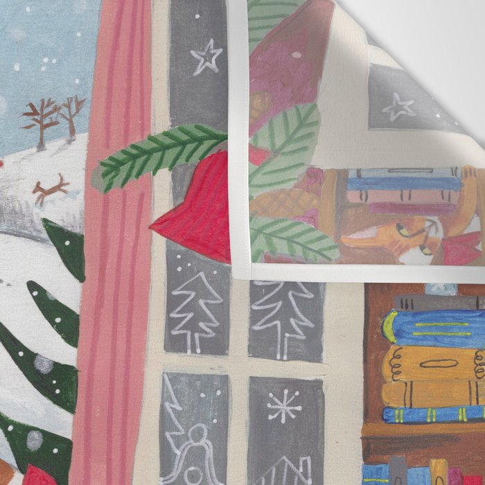 Cats in the Window at a Snowy Christmas in Bright Colours Wall Tapestry Gallery Image 3