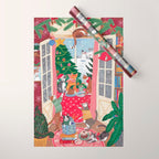 Cats in the Window at a Snowy Christmas in Bright Colours Wrapping Paper Gallery Image 1