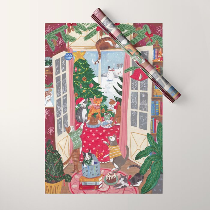 Cats in the Window at a Snowy Christmas in Bright Colours Wrapping Paper Gallery Image 1