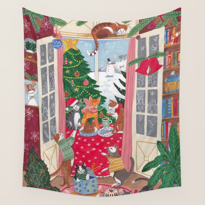 Cats in the Window at a Snowy Christmas in Bright Colours Wall Tapestry Gallery Image 1