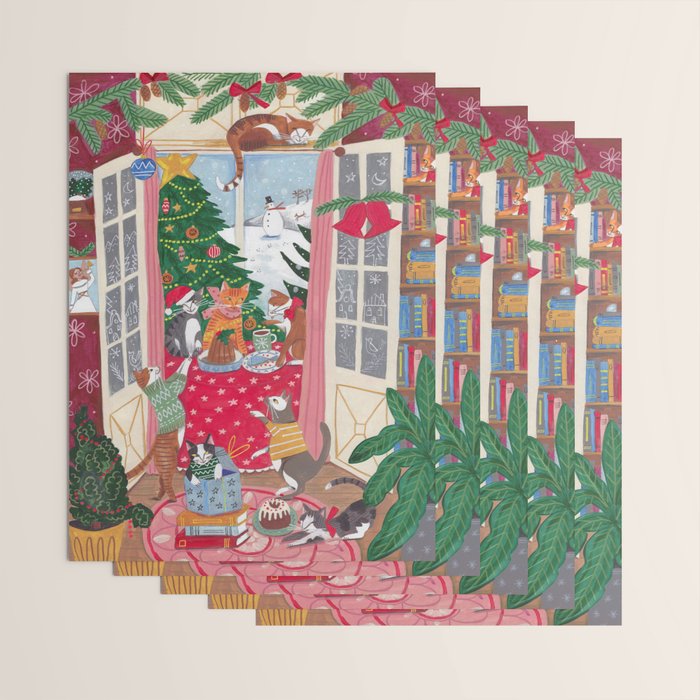 Cats in the Window at a Snowy Christmas in Bright Colours Wrapping Paper Gallery Image 3