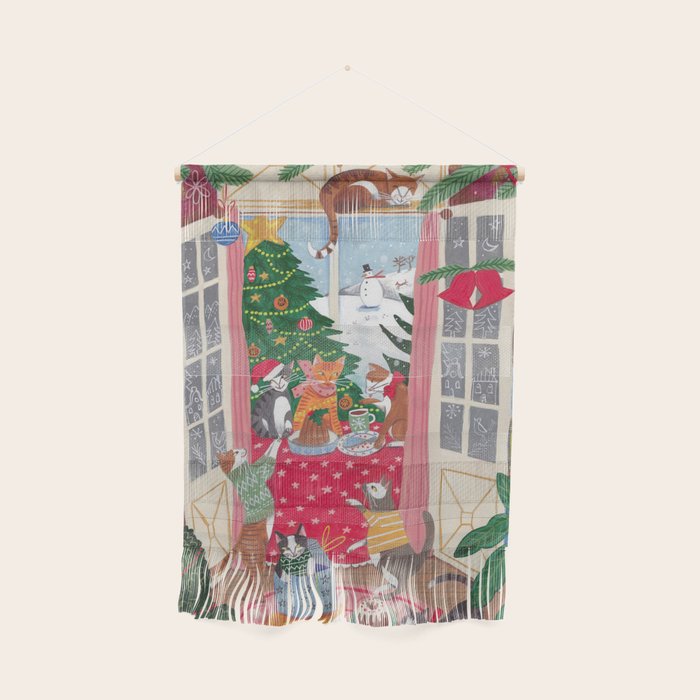 Cats in the Window at a Snowy Christmas in Bright Colours Wall Hanging Gallery Image 1