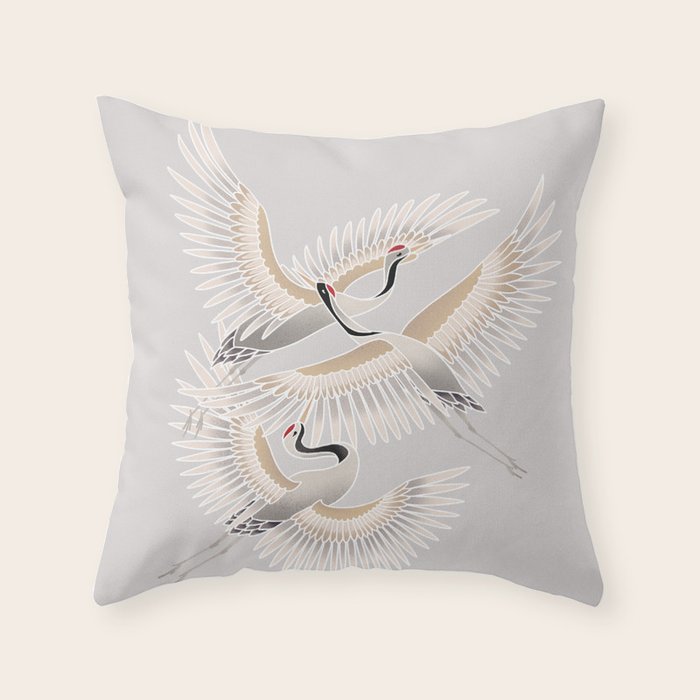traditional Japanese cranes bright illustration Throw Pillow Gallery Image 1