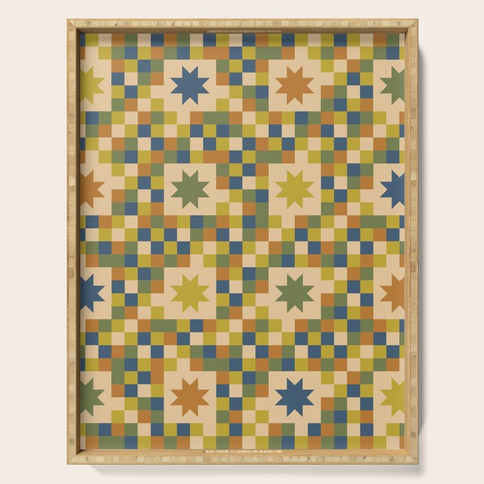Colorful Quilt Plaid geometric pattern green and blue Serving Tray Gallery Image 1