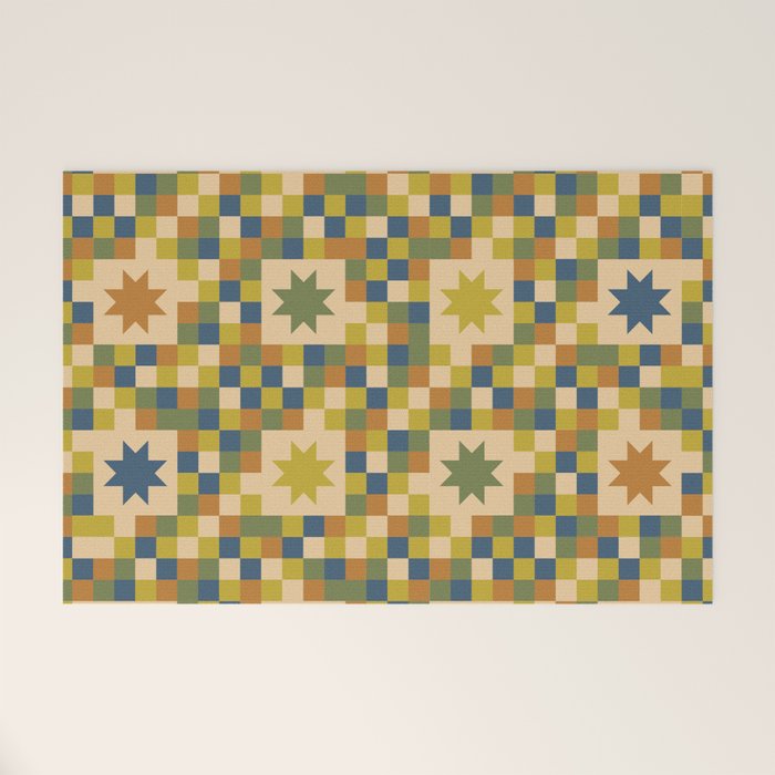 Colorful Quilt Plaid geometric pattern green and blue Welcome Mat Gallery Image 1