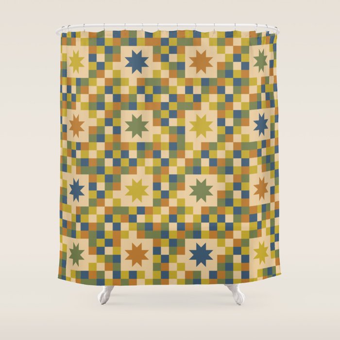 Colorful Quilt Plaid geometric pattern green and blue Shower Curtain Gallery Image 1
