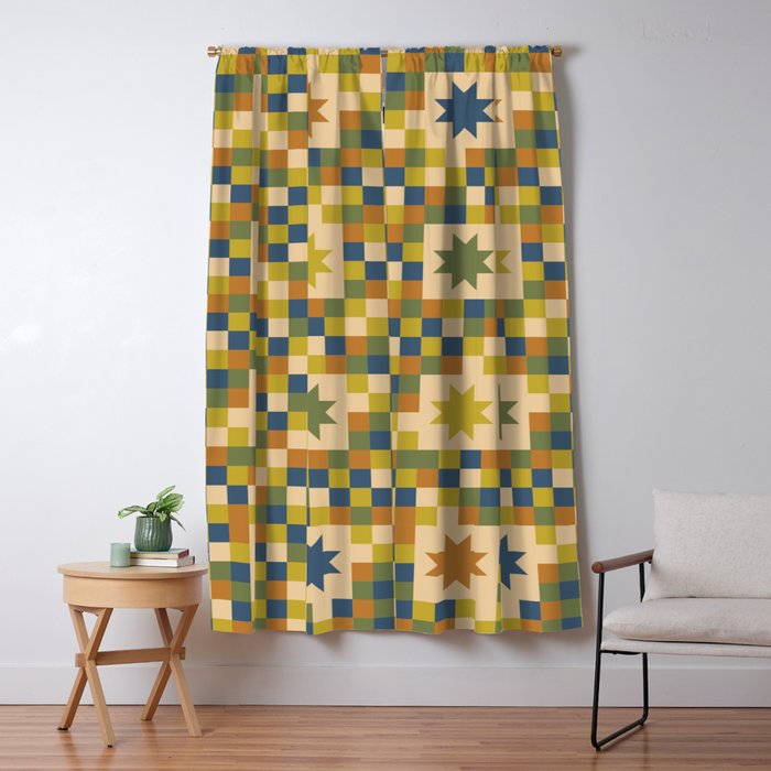 Colorful Quilt Plaid geometric pattern green and blue Window Curtain Gallery Image 1