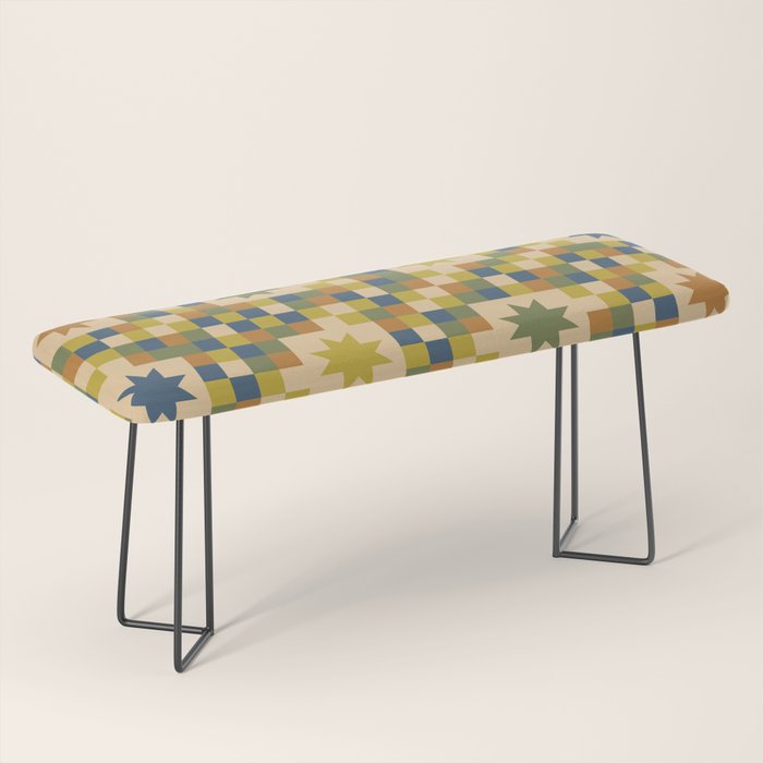 Colorful Quilt Plaid geometric pattern green and blue Bench Gallery Image 1