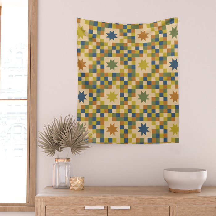Colorful Quilt Plaid geometric pattern green and blue Wall Tapestry Gallery Image 2