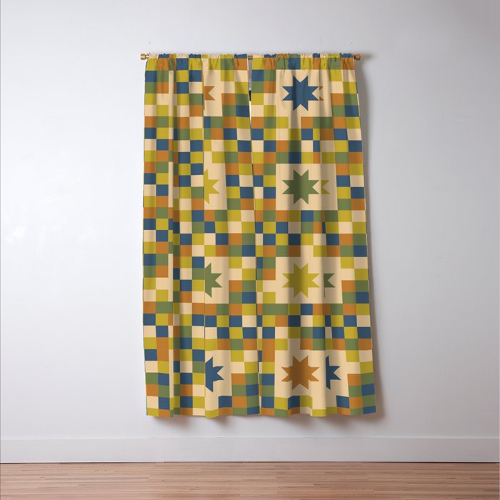 Colorful Quilt Plaid geometric pattern green and blue Window Curtain Gallery Image 3