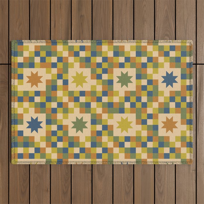Colorful Quilt Plaid geometric pattern green and blue Outdoor Rug Gallery Image 1