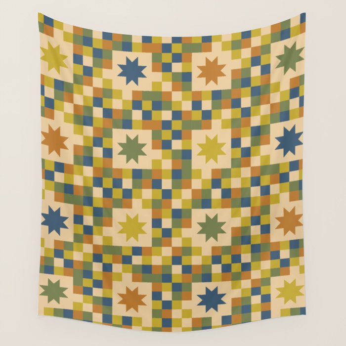 Colorful Quilt Plaid geometric pattern green and blue Wall Tapestry Gallery Image 4