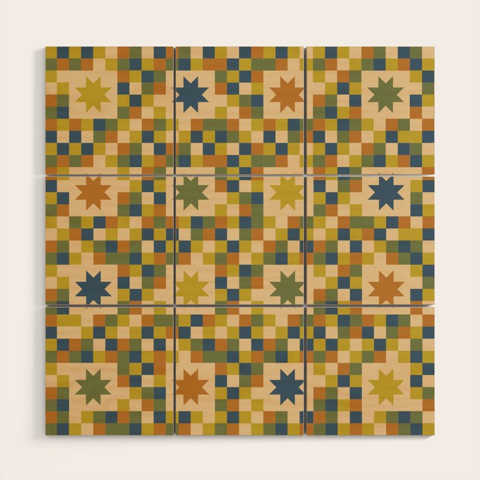Colorful Quilt Plaid geometric pattern green and blue Wood Wall Art Gallery Image 1