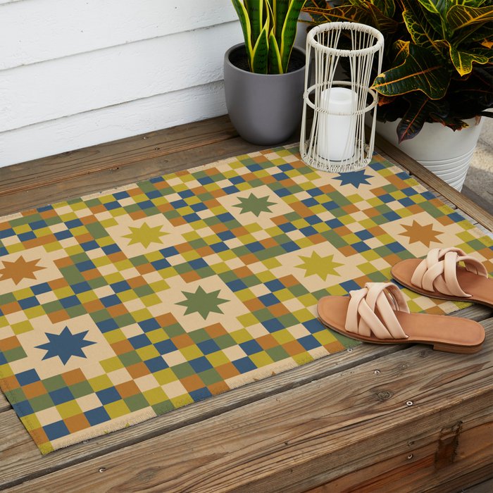 Colorful Quilt Plaid geometric pattern green and blue Outdoor Rug Gallery Image 2