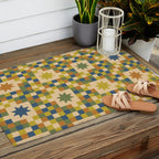 Colorful Quilt Plaid geometric pattern green and blue Outdoor Rug Gallery Image 2
