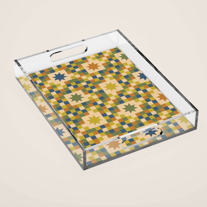 Colorful Quilt Plaid geometric pattern green and blue Acrylic Tray Gallery Image 1
