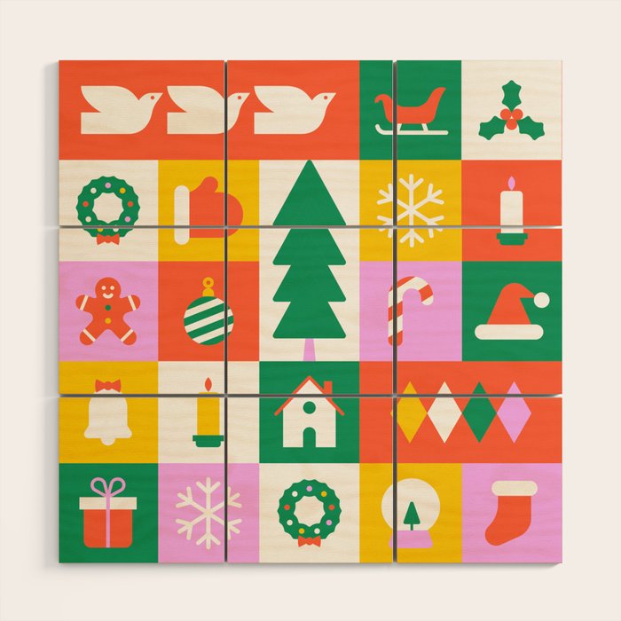 Christmas geometric mosaic art pattern Wood Wall Art Gallery Image 1