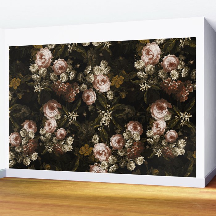 Antique Botanical Roses And Chamomile Midnight Sepia Garden Wall Mural Gallery Image 2
