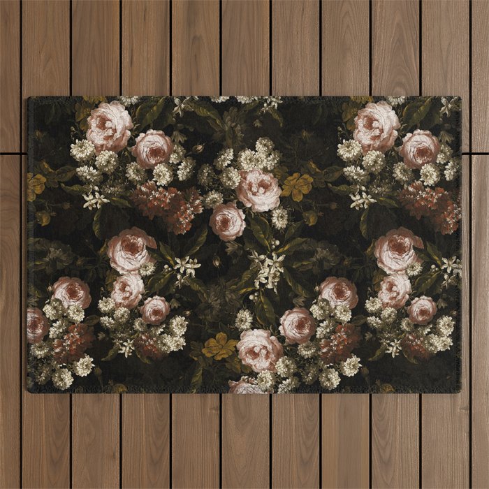 Antique Botanical Roses And Chamomile Midnight Sepia Garden Outdoor Rug Gallery Image 1