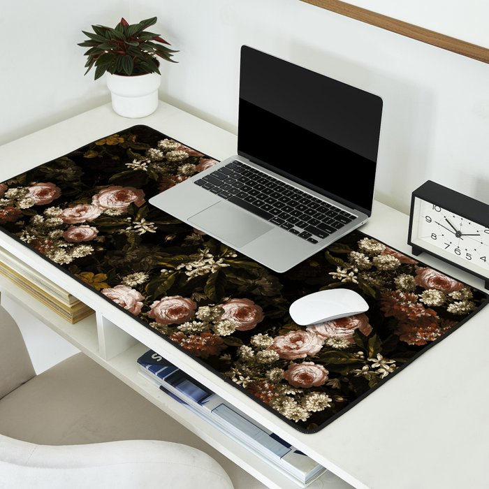 Antique Botanical Roses And Chamomile Midnight Sepia Garden Desk Mat Gallery Image 2