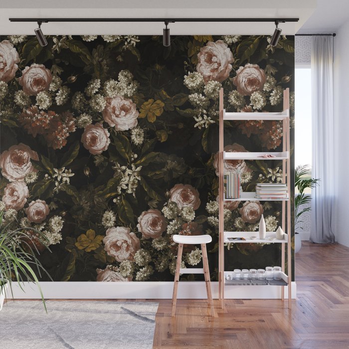 Antique Botanical Roses And Chamomile Midnight Sepia Garden Wall Mural Gallery Image 1