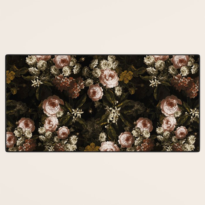 Antique Botanical Roses And Chamomile Midnight Sepia Garden Desk Mat Gallery Image 3