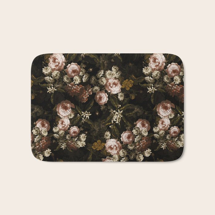 Antique Botanical Roses And Chamomile Midnight Sepia Garden Bath Mat Gallery Image 1