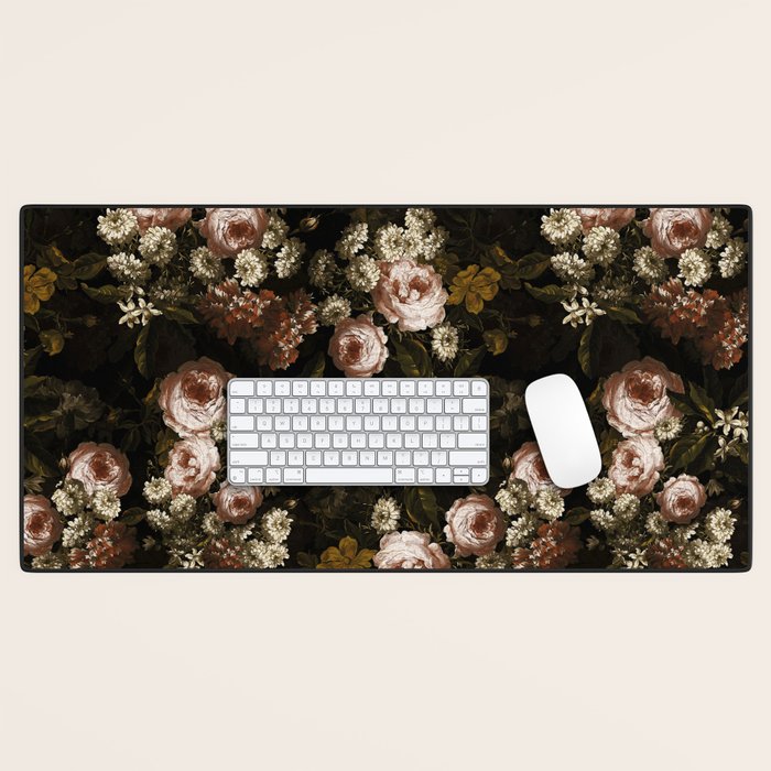 Antique Botanical Roses And Chamomile Midnight Sepia Garden Desk Mat Gallery Image 1