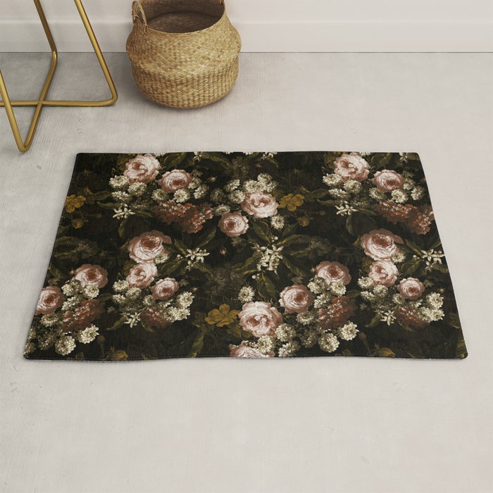 Antique Botanical Roses And Chamomile Midnight Sepia Garden Rug Gallery Image 1