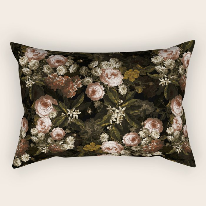 Antique Botanical Roses And Chamomile Midnight Sepia Garden Rectangular Pillow Gallery Image 2
