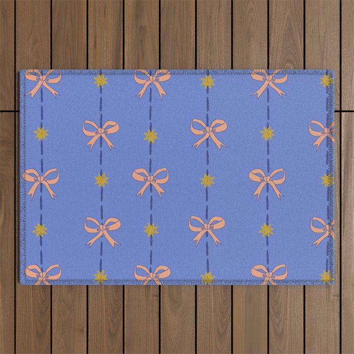Cute Hair Bows & Stars in Sky Blue & Peach Outdoor Rug Gallery Image 1