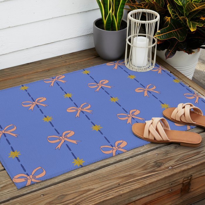 Cute Hair Bows & Stars in Sky Blue & Peach Outdoor Rug Gallery Image 2