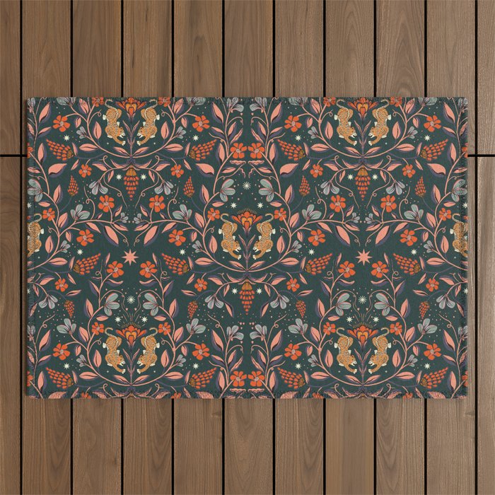 Dancing tigers in flowers field  Outdoor Rug Gallery Image 1