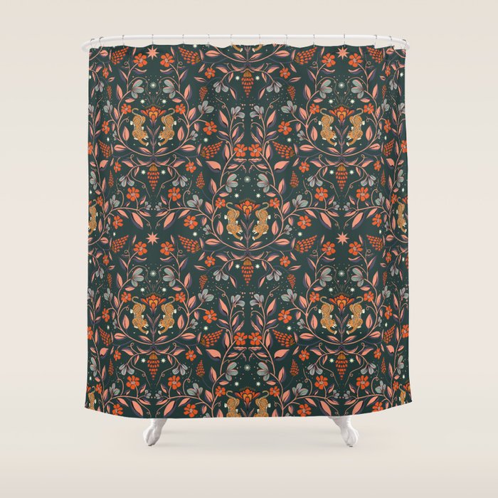 Dancing tigers in flowers field  Shower Curtain Gallery Image 1
