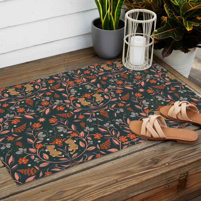 Dancing tigers in flowers field  Outdoor Rug Gallery Image 2