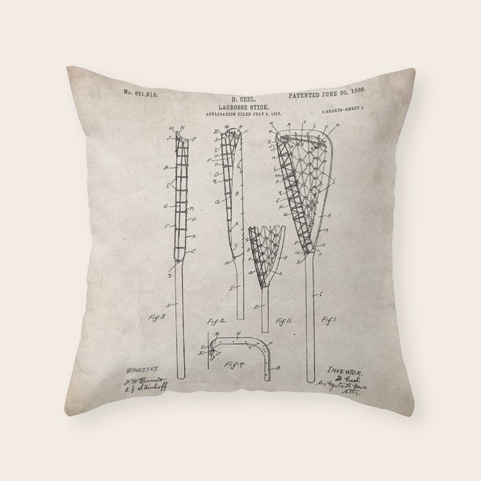 Lacrosse Stick Patent - Lacrosse Player Art - Antique Throw Pillow Gallery Image 6