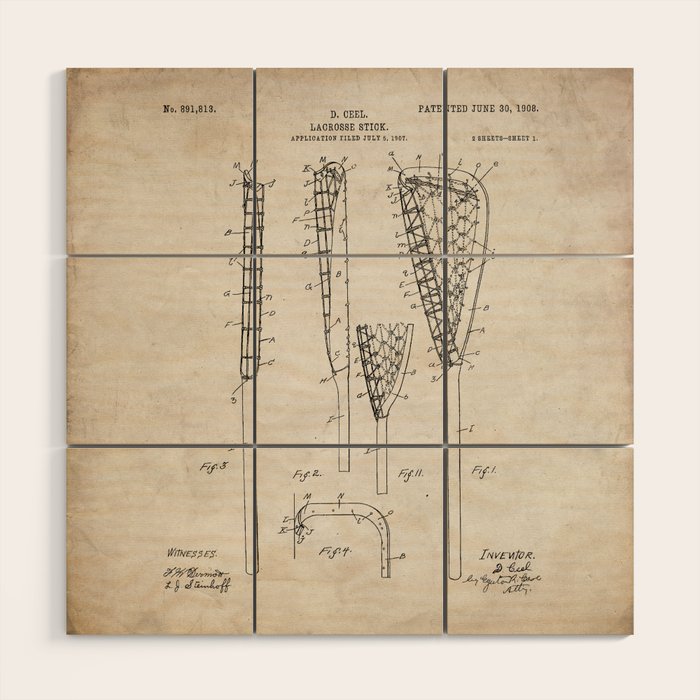 Lacrosse Stick Patent - Lacrosse Player Art - Antique Wood Wall Art Gallery Image 1