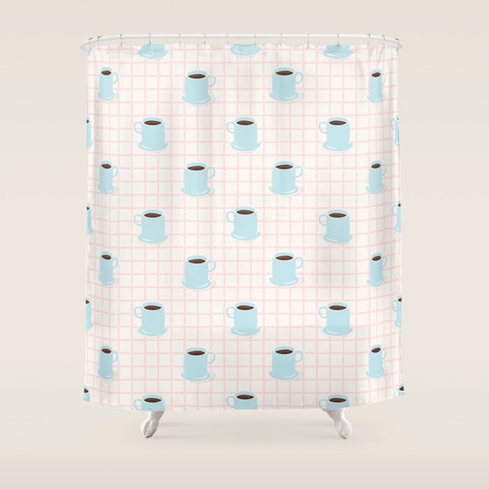 Coffee mug drink cartoon doodle pattern Shower Curtain Gallery Image 1