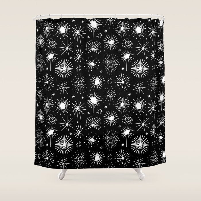 Black and white firework doodle pattern Shower Curtain Gallery Image 1