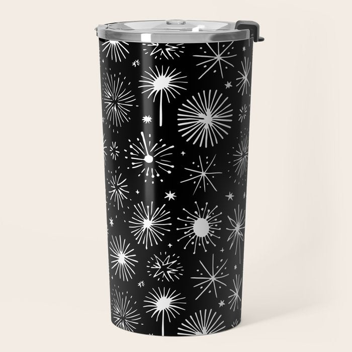 Black and white firework doodle pattern Travel Mug Gallery Image 2