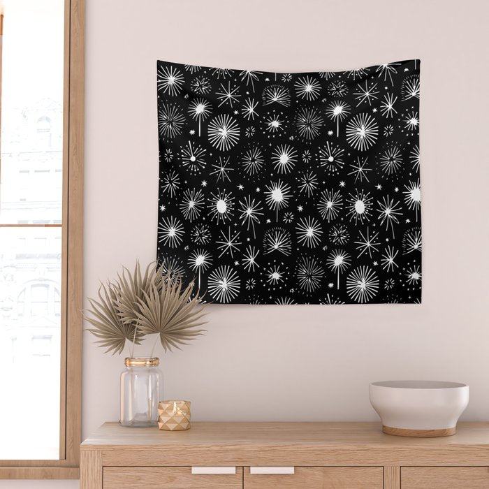 Black and white firework doodle pattern Wall Tapestry Gallery Image 2