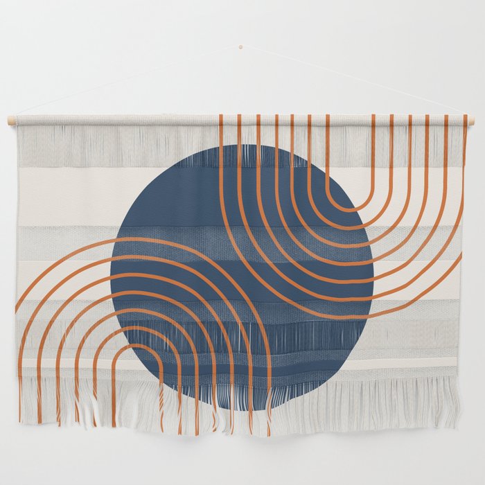 Mid Century Modern Geometric 162 Sun Rainbow abstract in Navy Blue Orange Wall Hanging Gallery Image 1