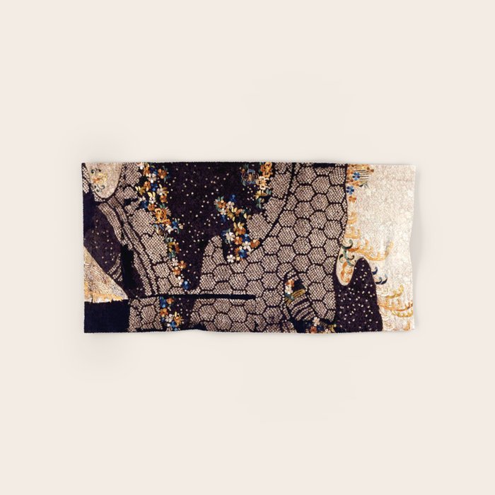 Kosode Fragment with Tortoiseshell Pattern, Waves, & Cherry Blossoms Shibori Print Bath Towel Gallery Image 1