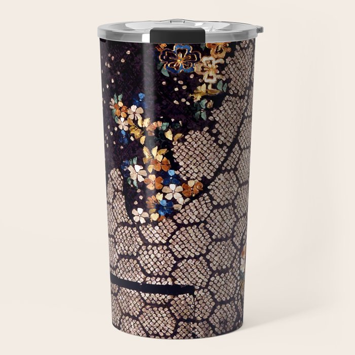 Kosode Fragment with Tortoiseshell Pattern, Waves, & Cherry Blossoms Shibori Print Travel Mug Gallery Image 1